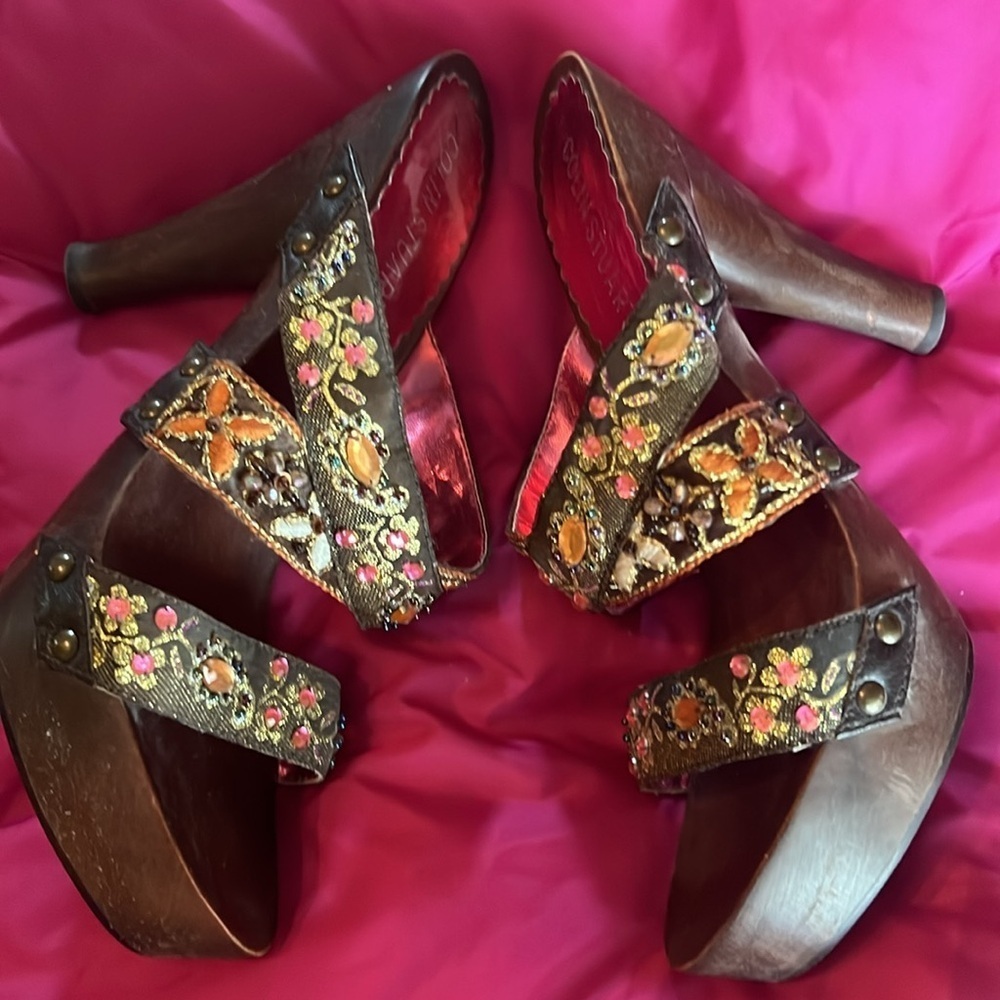 Colin Stuart wood high heeled beaded sandals 8B - Picture 2 of 5